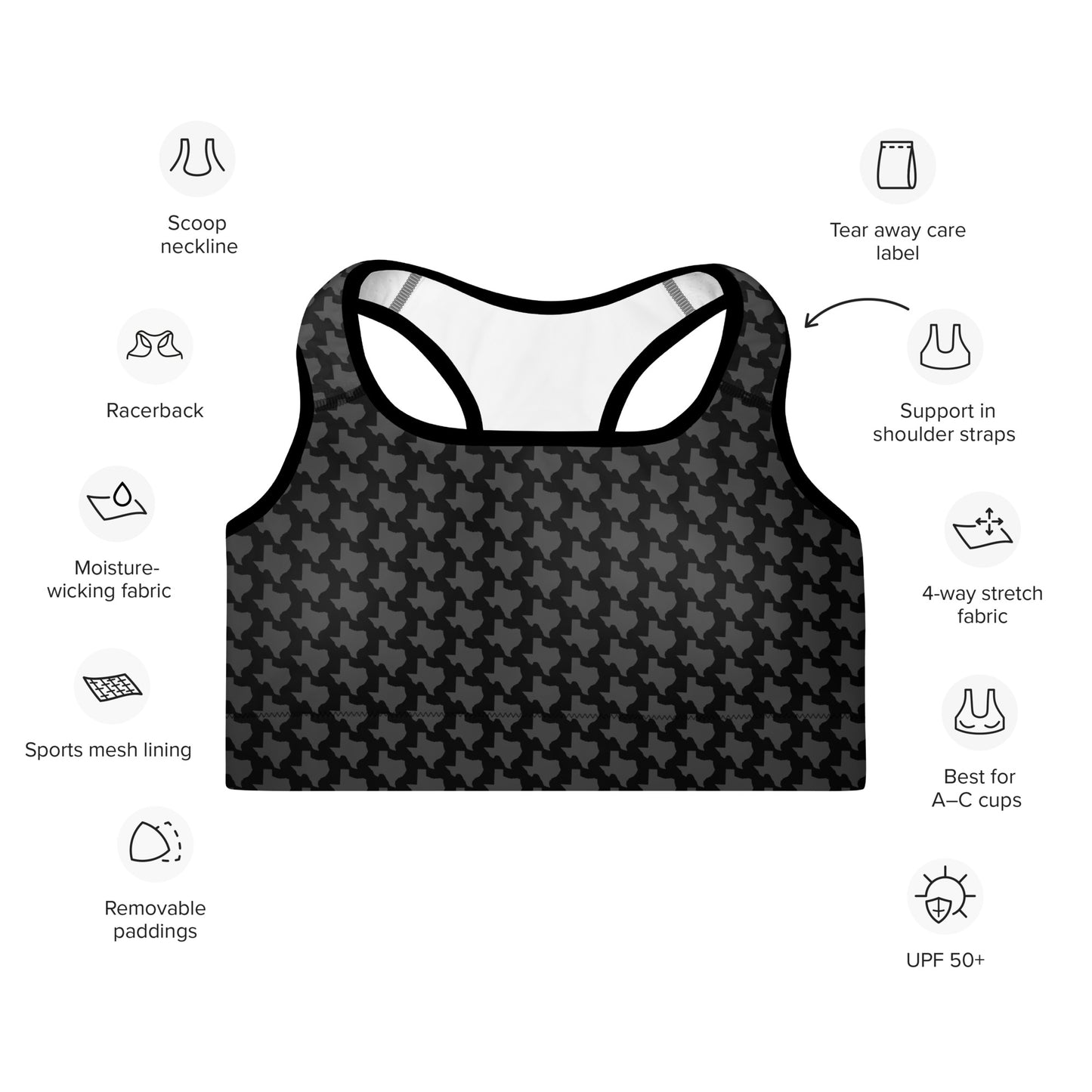 Texas - Black - Padded Sports Bra