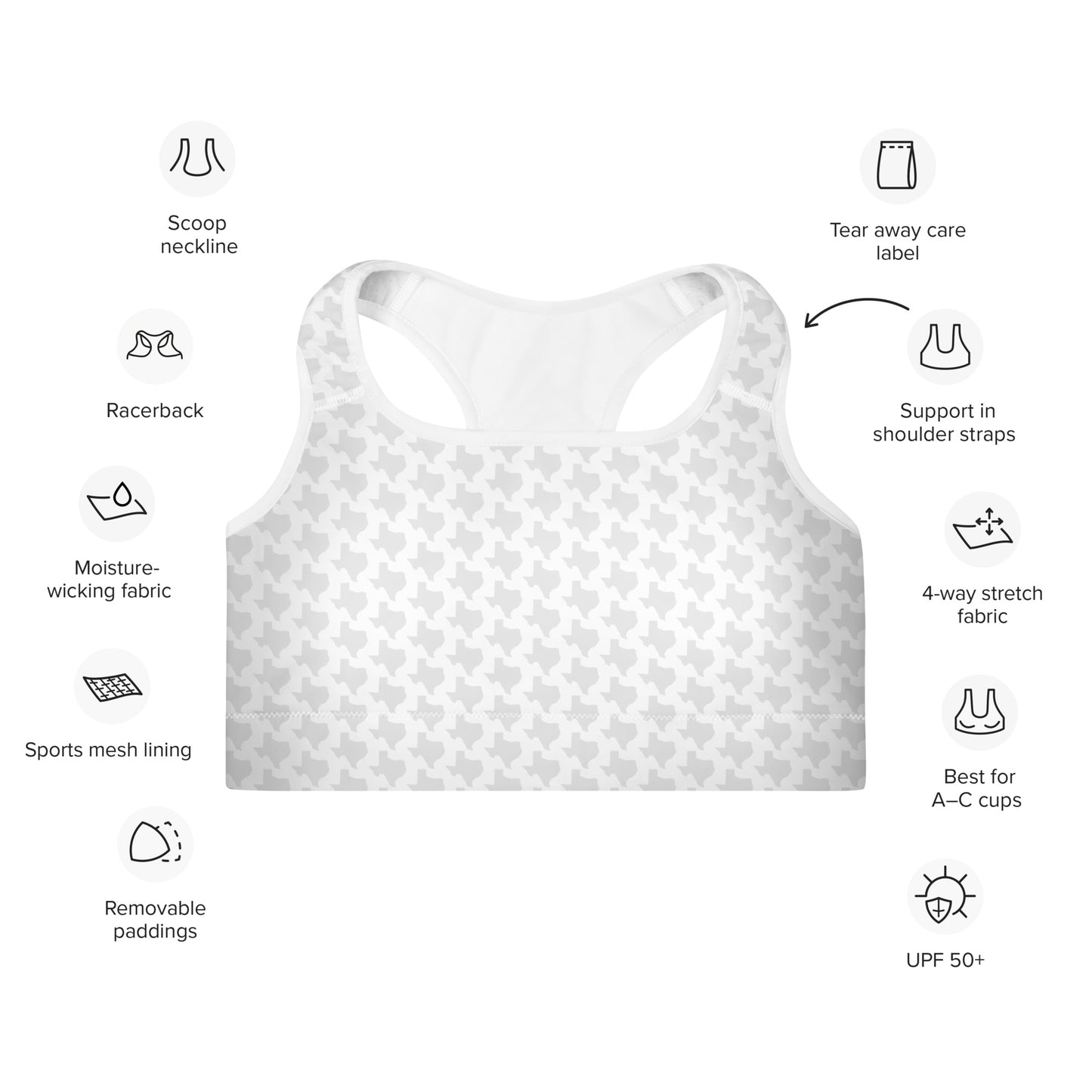 Texas - White - Padded Sports Bra