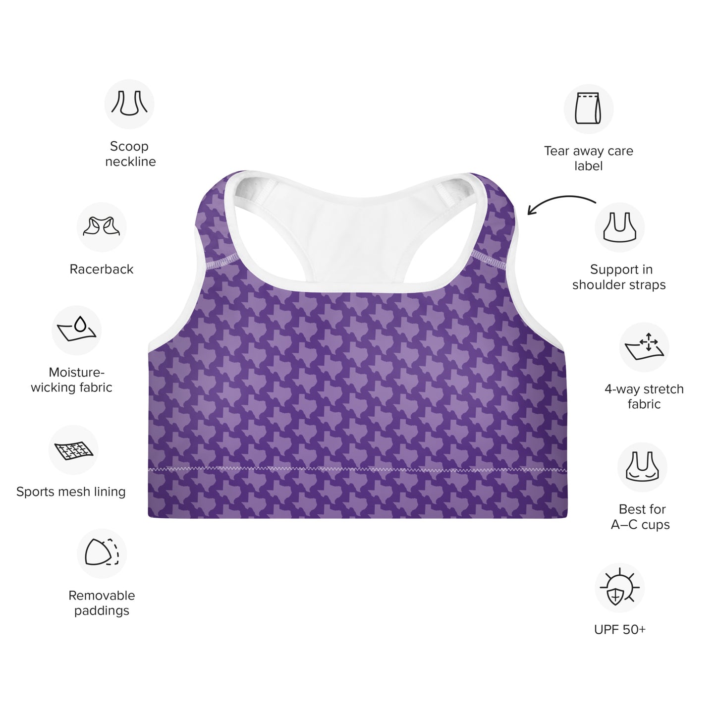 Texas - Purple - Padded Sports Bra
