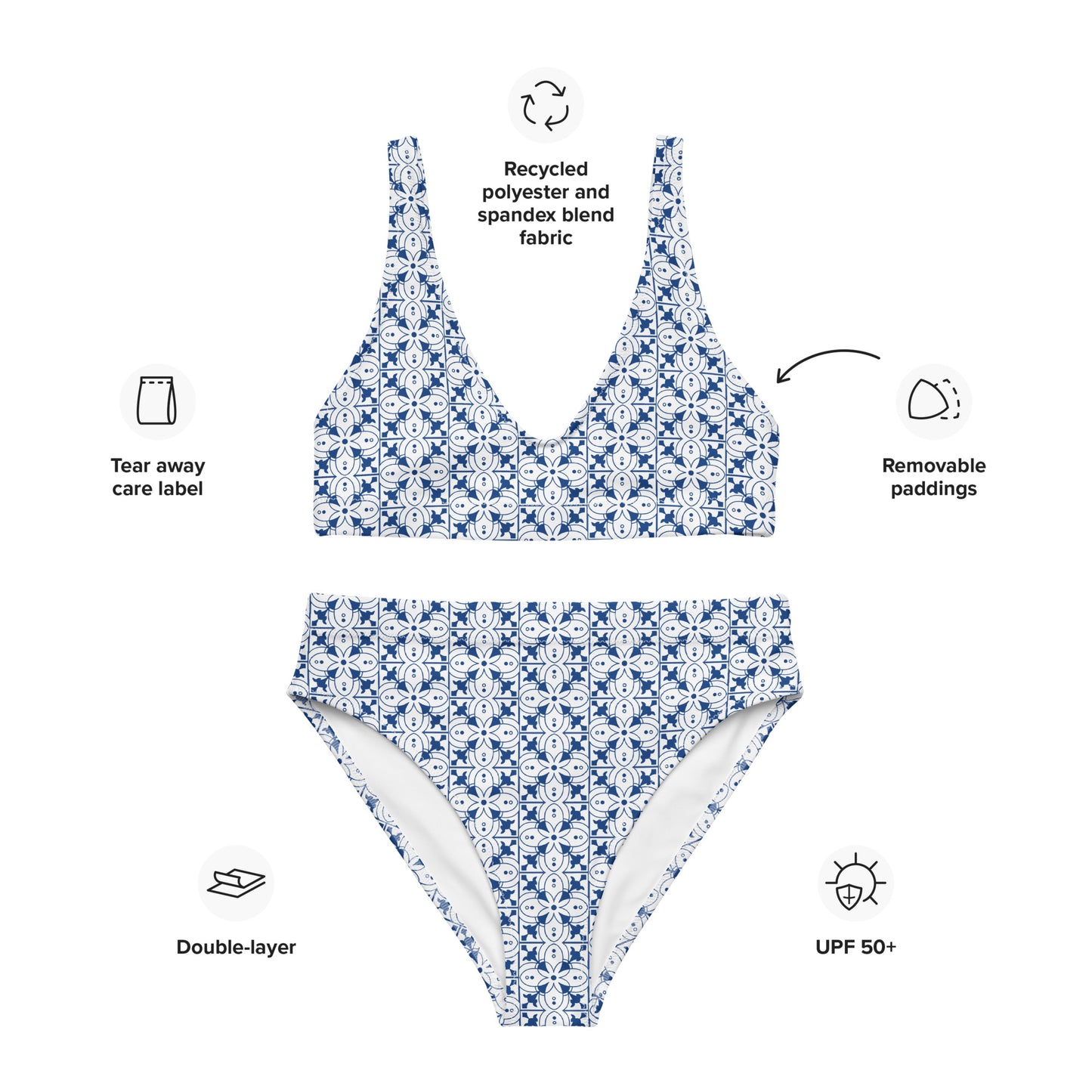 Azulejos - White/Blue - Recycled High-Waisted Bikini