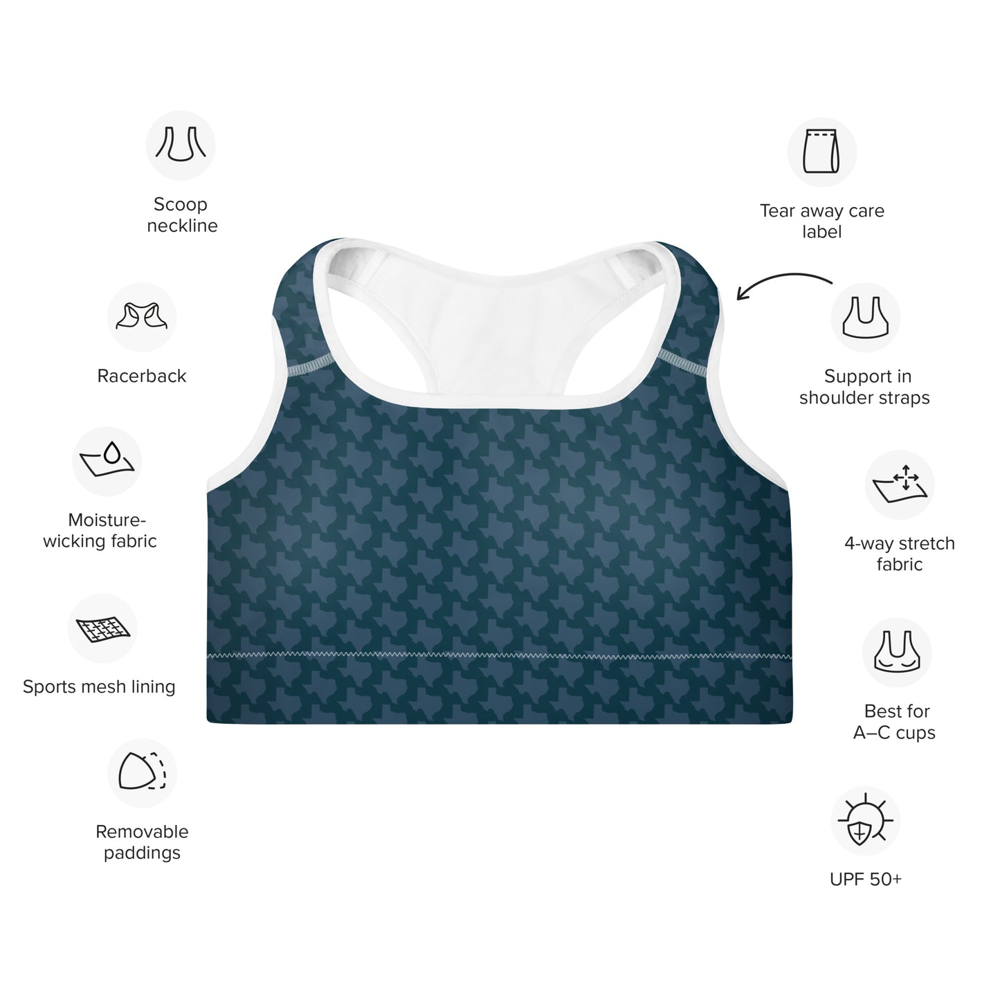 Texas - Dark Blue - Padded Sports Bra